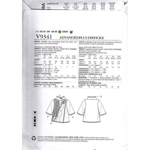 Vogue V9341 Julio Cesar Misses Loose Jacket Sewing Pattern New Size L to XXL - Picture 2 of 2